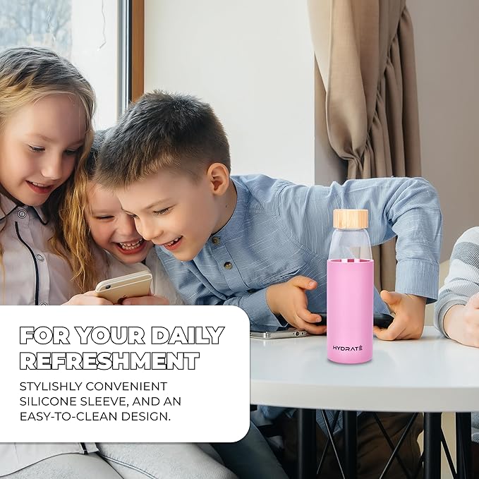 HYDRATE Bottles 20oz Glass Water Bottle with Bamboo Lid - Clear Refillable Bottle with Pink Silicone Sleeve - Leak-Proof Lid - Classic Design for Extra Convenience - Ideal for Drinking Water, Juice