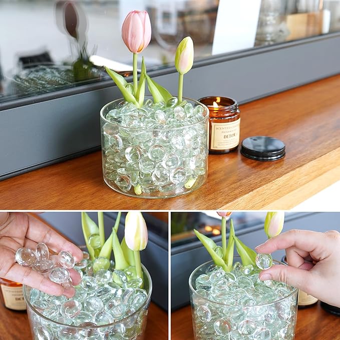 5LB Clear Flat Glass Marbles for Vases, Gemstone Beads Vase Filler Decorative Glass Pebbles for Fish Tank, DIY Crafts, Aquarium Decor Rocks