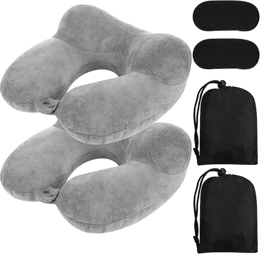 Sintuff 2 Pack Inflatable Travel Pillow for Airplanes Inflatable Neck Pillows with Compact Bag and Blindfold Soft Flight Pillow for Traveling, Airplane, Train, Car, Office(Gray)