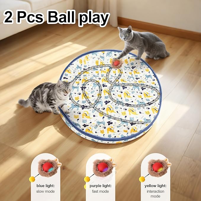 Interactive Cat Toys Ball - 2pcs Automatic Fast Rolling Ball in Play Mat, Hide and Seek Mouse Catching Game, Low-Noise Cat Enrichment Toys in Pouch for Indoor Bored Cats(Paw Print Pattern - Square)