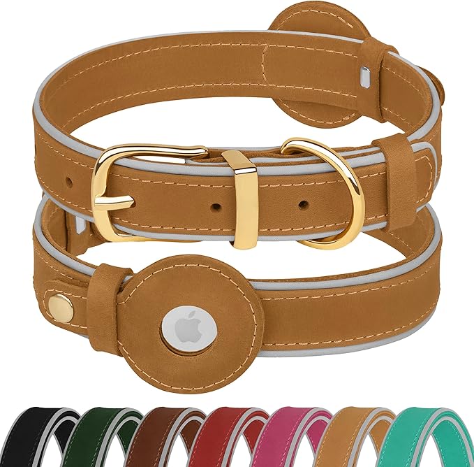 OOPSDOGGY Reflective Geniune Leather Airtag Dog Collar Soft Padded Collars for Small Medium Large Breed Dogs Puppy, 4 Sizes, 7 Colors (Camel, Medium, 12"-15")