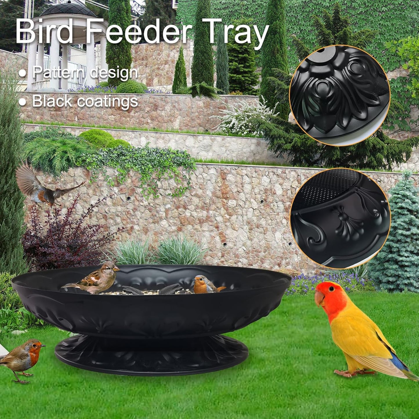 Ground Platform Bird Feeder Tray,11” Metal Large Standing Bird Feeder Mesh Seed Tray，for Outdoor Garden (Black-2 Pack)