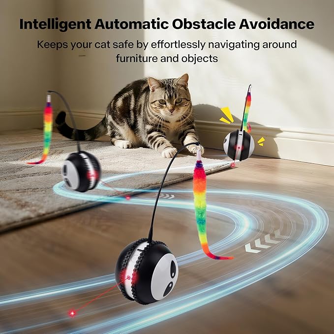 Pet Prime Interactive Cat Toy Motion Activated Cat Laser Toy Automatic Self Moving Ball with Bird Chirping,Rechargeable Exercise Stimulation Toys for Bored Black