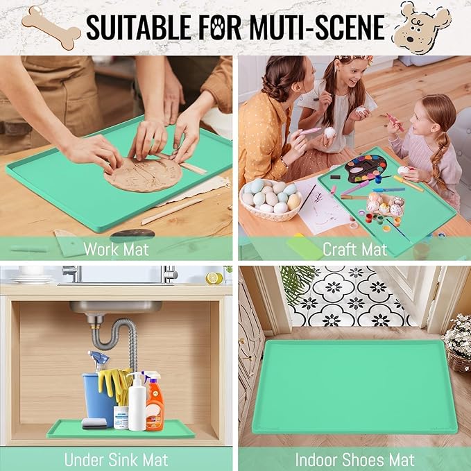 MateeyLife Dog & Cat Food Mat - Waterproof, Nonslip, Raised Edges, Silicone Tray for Messy Drinkers, 24"x16", Mint Green