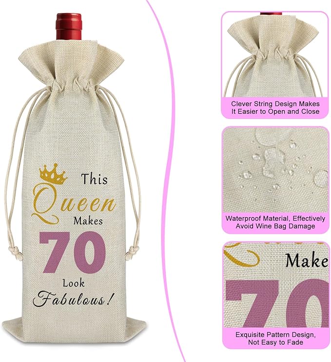 70th Birthday Gift Wine Bag 70 Year Old Birthday Gift for Women Party Decors Drawstring Wine Bag Retirement Gift 70th Milestone Gift Reusable Wine Wrap Bag for Grandma Mom