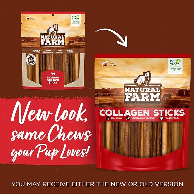 Natural Farm Collagen Chews. 6 Inch, 10 Pack. Odor-Free Long Lasting Bully Sticks & Rawhide Alternative Dog Treats, 95% Collagen Low Fat, High Protein Best Dental Dog Treats – Medium & Large Dogs