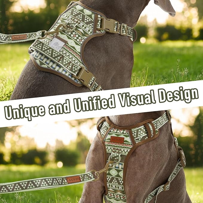 Dog Harness for Giant Dogs, Heavy Duty No Pull Pet Harness Vest Easy Control with Handle, Adjustable Reflective Extra Big Sized Dog Vest for Training, Walking, Hiking, Green Ethnic, XL
