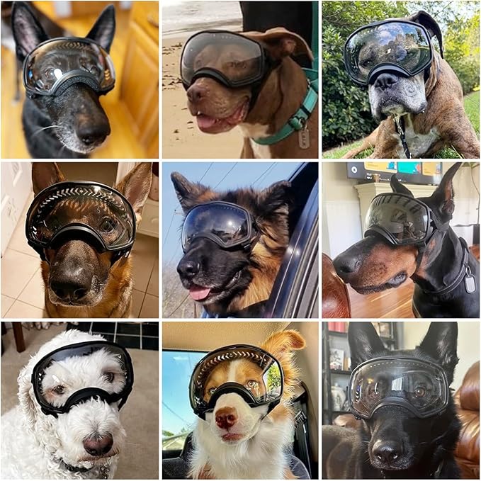NAMSAN Clear Dog Goggles for Large Dogs, Wide Eyecup & Soft Frame, Anti-UV Sunglasses for Dogs Medium to Large Breed, Driving Dog Eye Protection, Windproof Dustproof, Adjustable, Black Frame