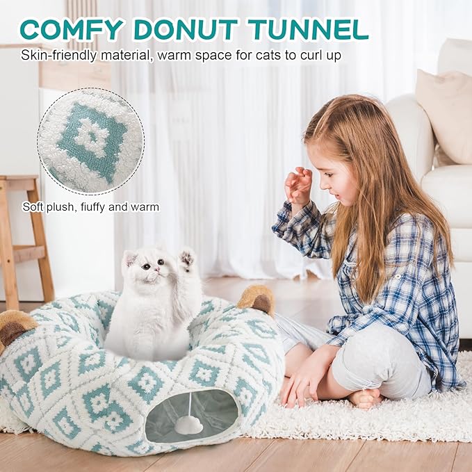 Cat Tunnel Bed with Soft Cushion, Cat Donut Tunnels for Indoor Cats, Peekaboo Cat Cave Toy, Multifunctional Playground Toys for Kittens, Rabbit, Blue Jacquard Pattern