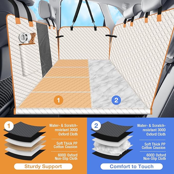 Dog Car Seat Cover for Back Seat, Dog Car Bed Cover with Strong Hard Bottom, Car Back Seat Extender Hammock for Car SUV Truck 4 Panels Beige Color