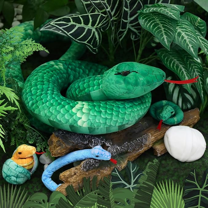 MorisMos Giant Snake Stuffed Animals Mommy with Babies, Realistic Snake Plush Toy,Large Stuffed Snake with Babies & Egg Plushies, Long Green Boa Constrictor Anaconda Toys for Kid Girl Boy Christmas