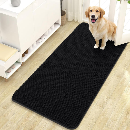 OLANLY Dog Door Mat for Muddy Paws 47x24, Absorbs Moisture and Dirt, Absorbent Non-Slip Washable Doormat, Quick Dry Chenille Mud Mat for Dogs, Entry Indoor Entryway Carpet for Inside Floor, Black