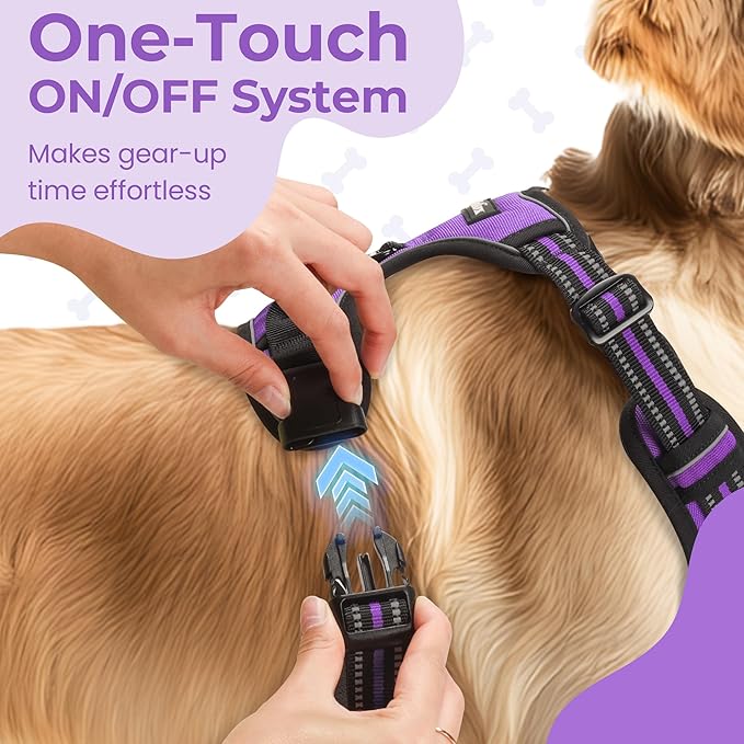 Funfox Dog Harness No Pull, Adjustable Pet Vest Harness Purple M with Handle, 2 Leash Clips for Daily Walking Easy Control, Soft Durable Reflective Comfortable for Medium Sized Dogs