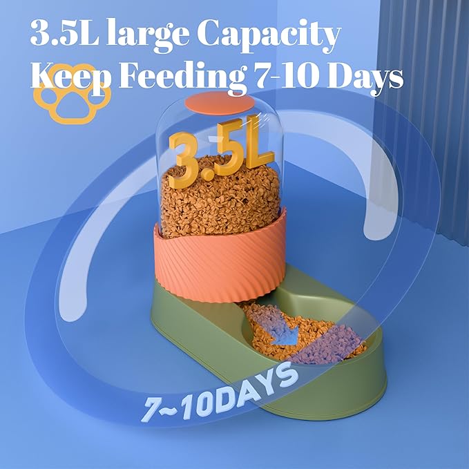 Automatic Cat Feeder and Water Dispenser 2Pcs, Dog Gravity Food Feeder and Water Bowl for Small Medium Pets Puppy Kitten, 3.5L/118.36oz Large Capacity, Easy to Clean (Orange)