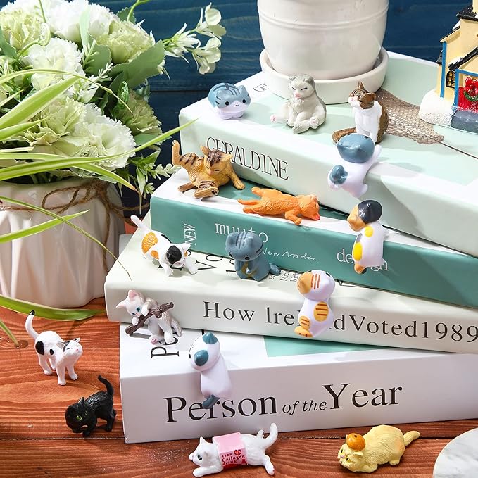 Blulu 16 Pcs Realistic Cat Figurines Toy Lovely Cats Figurines Miniature Animals Figures Toy Set Mini Animals Ornament for Easter Eggs Cake Toppers Birthday Gift Fairy Home Garden