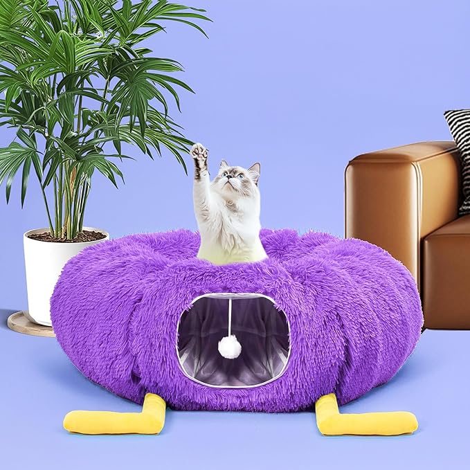 Cat Tunnel Bed for Indoor Cats - Cute Cat Donut Tunnel with Washable Circle Cushion - Multi-Purpose Cat Bed & Peekabo Cave, Pet Playground Toys for Kittens, Puppy, Rabbit