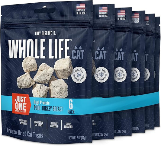 Whole Life Pet Just One Turkey - Cat Treat Or Topper - Human Grade, Freeze Dried, One Ingredient - Protein Rich, Grain Free, Made in The USA (Pack of 6)