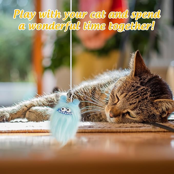 Elastic Cat Wand Toy Funny Interactive Plush Cat Fishing Pole Toy with Bell Soft Natural Wood Kitten Teaser Wand for Indoor Cats Kittens Bored Cats (3 Pack)