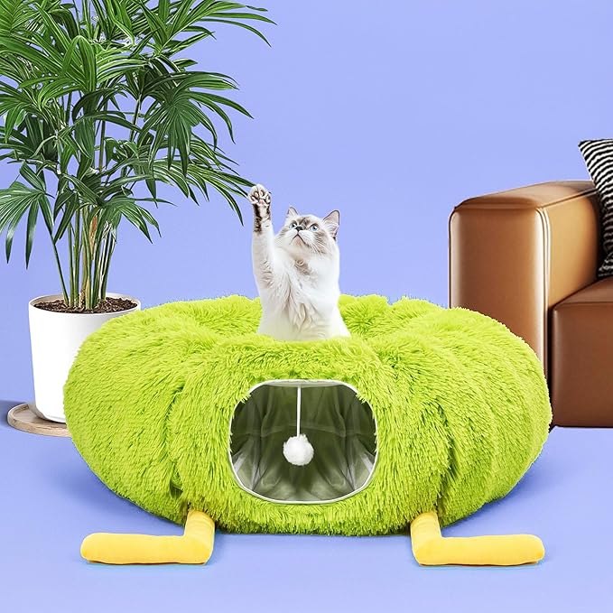 Cat Tunnel Bed for Indoor Cats - Cute Cat Donut Tunnel with Washable Circle Cushion - Multi-Purpose Cat Bed & Peekabo Cave, Pet Playground Toys for Kittens, Puppy, Rabbit (Green)