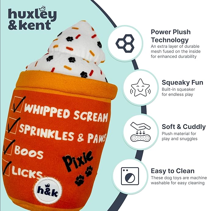 Huxley & Kent Halloween Funny Dog Toy w/Squeaker – Power Plush Squeaky Dog Toys for Small, Medium & Large Dogs – Soft Stuffed Animal for Indoor Play & Fetch - Jack-O-Latte, One Size