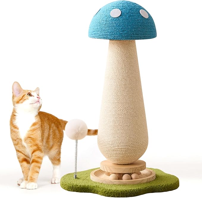 21.5‘’ H Cat Scratching Post with Catnip,Cute Mushroom Cat Scratcher Post with Durable Natural Solid Wood Turntable Toy, Sky Blue Mushroom Shape Design Cat Toy Cat Sisal Scratcher for Indoor Cats