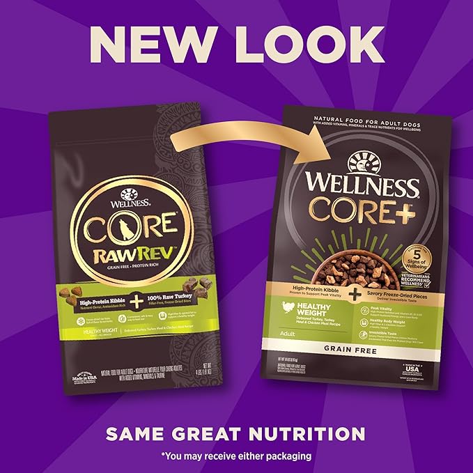 Wellness CORE+ Dry Dog Food with Freeze Dried Pieces, Grain Free, High Protein, Natural, Healthy Weight Turkey & Chicken Recipe, (18-Pound Bag)