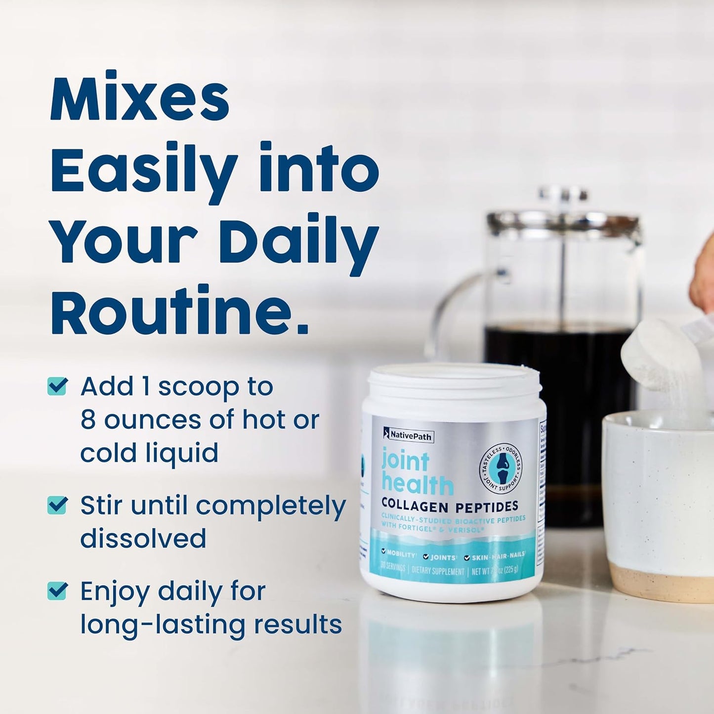 NativePath Joint Health Advanced Formula, Type 1 & 3 Peptides with Fortigel & Verisol, Grass-Fed Unflavored Collagen for Women & Men, 30 Servings