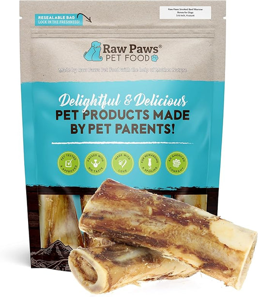 Raw Paws Smoked Beef Marrow Bones for Dogs - 6-Inch (4-Count) Packed in USA - Beef Bones - Bone Marrow Treats for Dog - Dog Chew for Aggressive Chewers