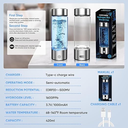 Hydrogen Water Bottle, Portable Hydrogen Water Bottle Generator, Ion Water Bottle Improve Water Quality in 3 Minutes, Water Ionizer Machine Suitable for Home, Office, Travel and Daily Drinking(Black)
