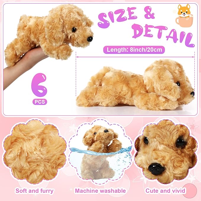 6 Pcs 8 Inch Dog Stuffed Animal Plush Cute Soft Puppy Plush Dog Pillow Toy Fluffy Puppy Set for Kids Girls Baby Shower Birthday Party Favor Room Home Decor