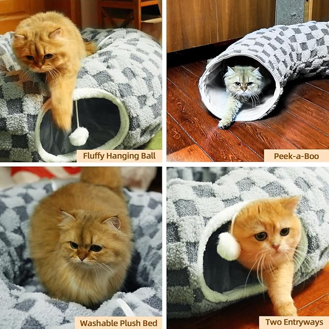 Homimp Cat Tunnel Bed with Central Mat, Large Tube Playground with Plush Ball Toy, Peekaboo Cat Cave with Washable Circle Cushion for Indoor Cats, Pop Up Bed HidePlace for Kitten Puppy Rabbit, Grey