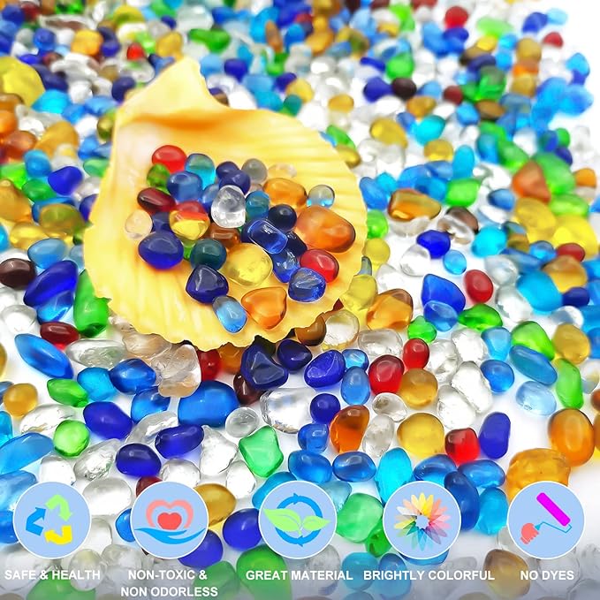 Keedolla Colorful Clear Sea Glass Pebbles Aquarium Gravel Fish Tank Rocks Small, Irregular Glass Gems Stones Beads Marble Pebbles Rock Sand for Garden|Vase Filler|Fish Turtle Tank Decorations