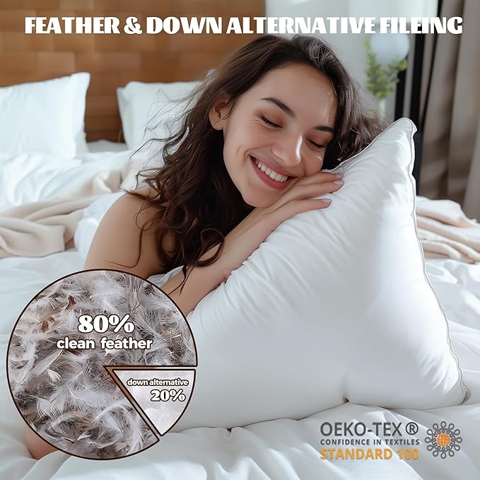 WOLKI Goose Feather Down Alternative Pillows Queen Size Set of 2, 100% Soft Cotton Shell Bed Pillow, Hotel Sleeping Pillow for Back, Stomach or Side Sleepers 20x30