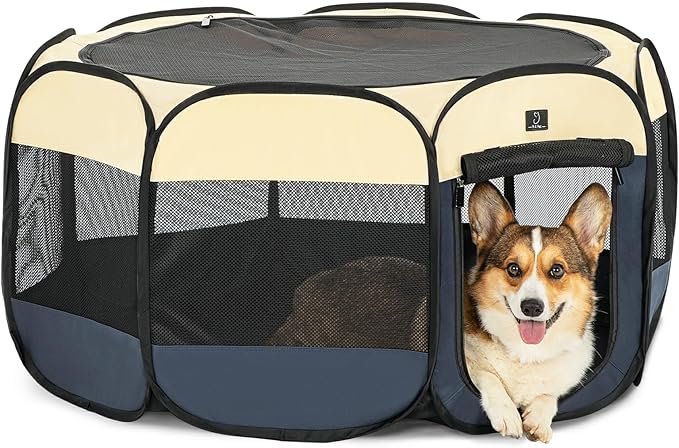 A4Pet Collapsible Playpen, 39.5” Portable Dog Playpen with Bowl, Suitable for Puppies, Kittens, and Small Animals, Removable Zipper & Mesh Panel(16”W × 10”H)