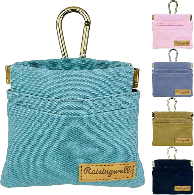 Dog Treat Pouch, Green Pocket Sized Pet Training Pouch, Cotton Fabric, Hand Free Dog Walking Bag with Carabiner, Self-Closing Pet Feed Snack Reward, for Puppy Travel or Outdoor Use