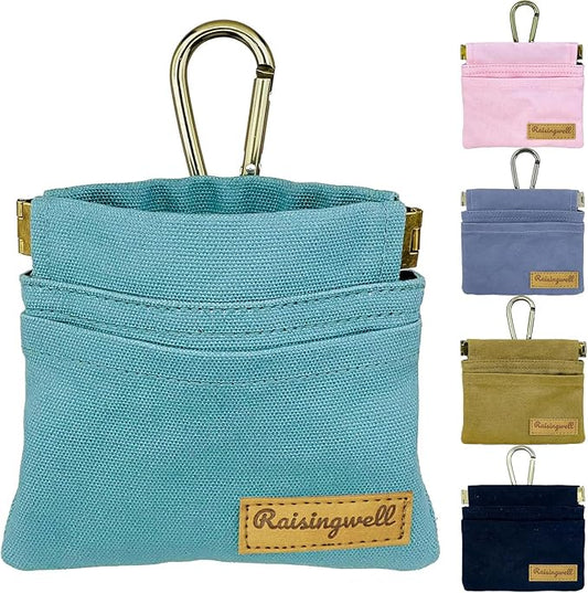 Dog Treat Pouch, Green Pocket Sized Pet Training Pouch, Cotton Fabric, Hand Free Dog Walking Bag with Carabiner, Self-Closing Pet Feed Snack Reward, for Puppy Travel or Outdoor Use