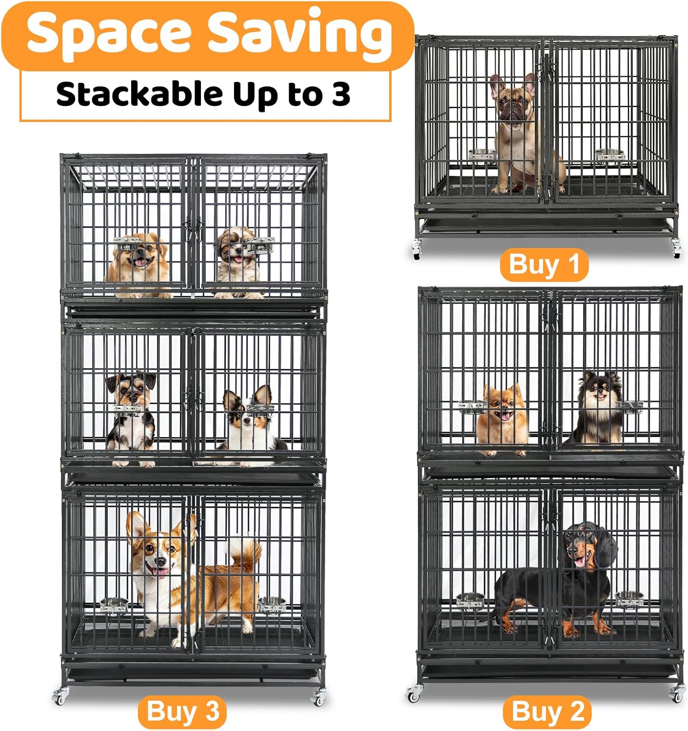Homey Pet 43/48/37 inch Stackable Heavy Duty Dog Crate Cage on Wheels with Divider, 2X Steel Bowls, 4X Lockable Wheels, Tray, Indestructible Escape Proof Lager Dog Kennel Indoor