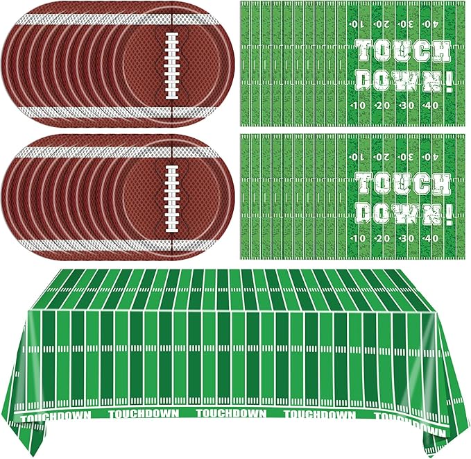 41Pcs Football Birthday Party Decorations, Green Touch Down Luncheon Napkins, 7" Round Paper Plates, Football Tablecloth, Serve 20