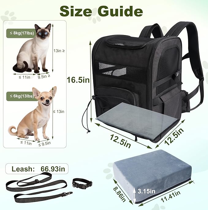 Dog Backpack, Breathable and Comfortable - with Chest Strap, Waist Strap, Safety Buckle and Elevated Interactive Pad, Ideal Pet Carrier Bag for Traveling, Hiking and Daily Walks, Black