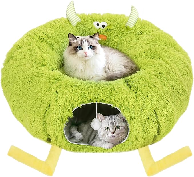 Cat Tunnel Bed for Indoor Cats - Cute Cat Donut Tunnel with Washable Circle Cushion - Multi-Purpose Cat Bed & Peekabo Cave, Pet Playground Toys for Kittens, Puppy, Rabbit (Green)