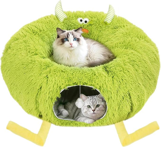 Cat Tunnel Bed for Indoor Cats - Cute Cat Donut Tunnel with Washable Circle Cushion - Multi-Purpose Cat Bed & Peekabo Cave, Pet Playground Toys for Kittens, Puppy, Rabbit (Green)