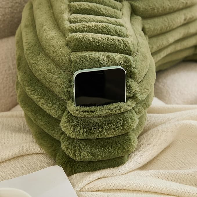 WERDIM Reading Pillow for Sitting in Bed, Faux Fur Back Pillow for Bed Rest, Bed Chair Pillow with Arms and Pockets(Large, Sage)