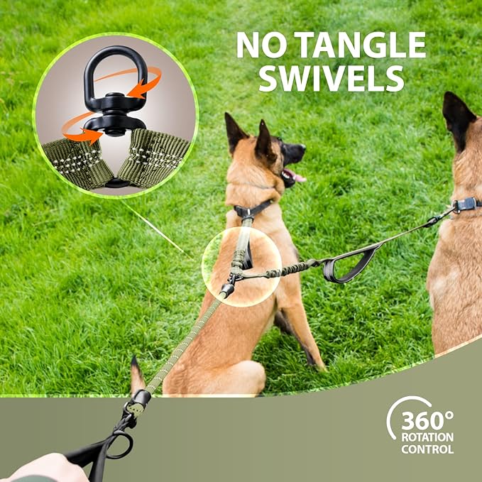 SparklyPets Double Dog Leash for 2 Dogs – Rope Bungee Dual Leash for Medium and Large Breeds with Padded Handles & Tangle Free (Green Range, Medium/Large)