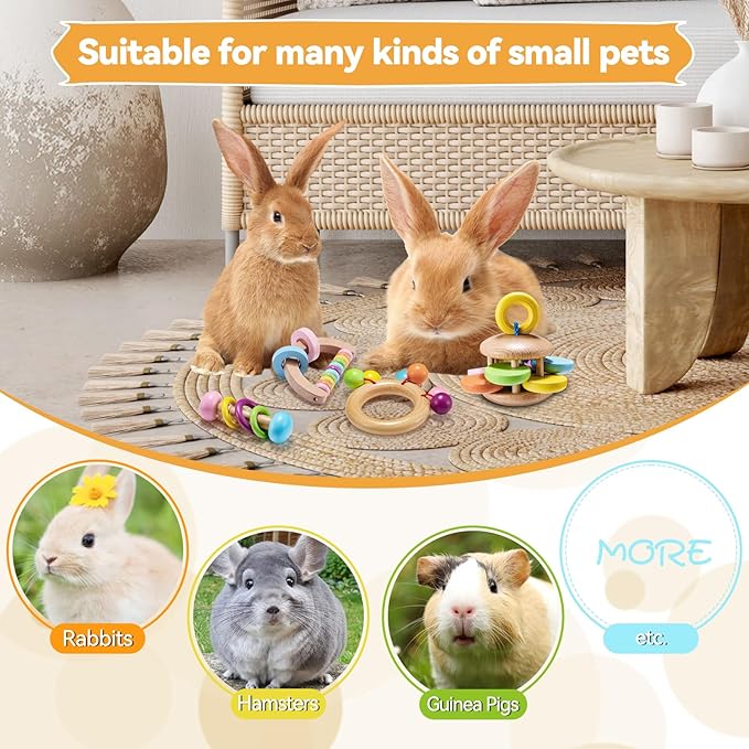 4 Pcs Wooden Bunny Toys - Safe Rabbit & Guinea Pig Toys for Chinchillas & Hamsters, Teeth Grinding, Indoor & Outdoor