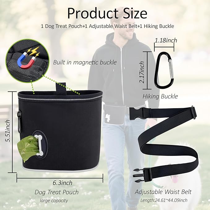 Dog Treat Pouch with Magnetic Closure, 3 Wear Ways, Side Zipper for Poop Bag Dispenser, Large Treat Bag with Reflective Strip for Training, Travel and Night Walking (1Pack-Black)
