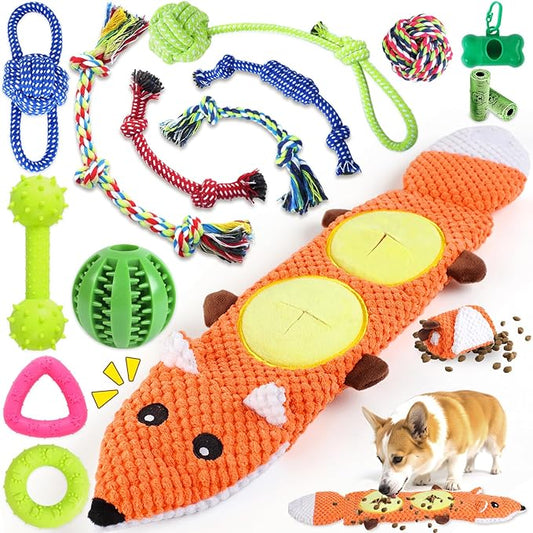 15 Pack Dog Toys, Dog Puzzle Toy Puppy Chew Toys for Teething, Dogs Essentials Toy Bundle with No Stuffing Squeaky Toy, Tough Ropes, Treat Ball for Small, Medium Large Dogs to Keep Them Busy