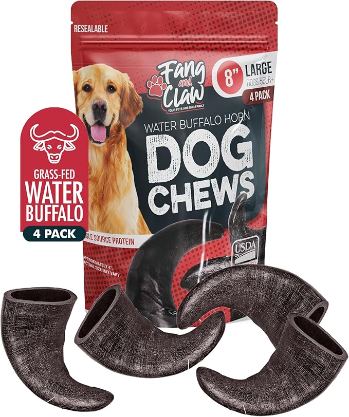 Water Buffalo Horn Dog Chew 4 Pack - Large 8" - All Natural Free Range Grass Fed Single Source Protein - No Chemicals, Additives, Hormones - Long Lasting, Good for Aggressive Chewers – by Fang & Claw