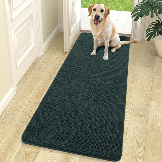 OLANLY Dog Door Mat for Muddy Paws 70x24, Absorbs Moisture and Dirt, Absorbent Non-Slip Washable Doormat, Quick Dry Chenille Mud Mat, Entry Indoor Entryway Carpet for Inside Floor, Blackish Green