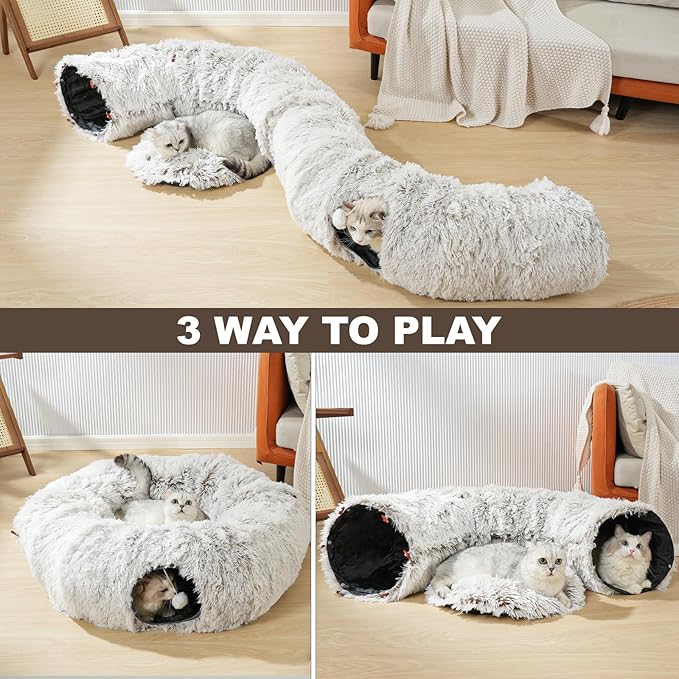 Cat Tunnel Bed, Cat Tunnels for Indoor Cats with 6 Extra Snap Fasteners, Donut Tunnel Tube with Cat Toys Balls for Bored Indoor Adult Cats, Peekaboo Cave Playground for Kitten Rabbit Ferret Hideaway