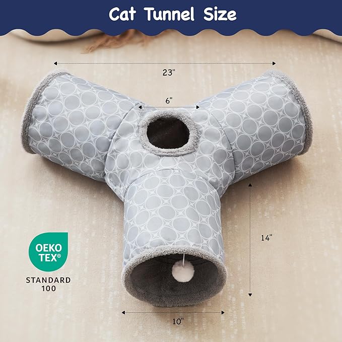 Tempcore Pet Cat Tunnel Tube Cat Toys 3 Way Collapsible, Cat Tunnels for Indoor Cats Fleece-Lined in for Warmth，Kitty Tunnel Bored Pet Toys Peek Hole Toy Ball Cat, Puppy, Kitten, Geometry Grey